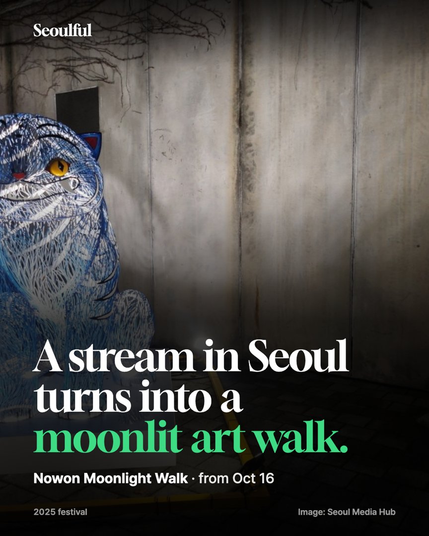 Nowon Moonlight Walk 2026. A 1 km stretch of Danghyeon Stream in Nowon-gu becomes a public-art light walk every evening for about three weeks.