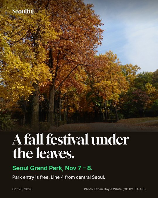 Seoul Grand Park autumn festival 2026. Seoul Grand Park's 2026 fall festival, "Art in a Pinocchio Forest," runs Nov 7–8 on the main plaza by Seoul Grand Park Station (Line 4). The full program by time, what's free and what's paid, and how to get there.