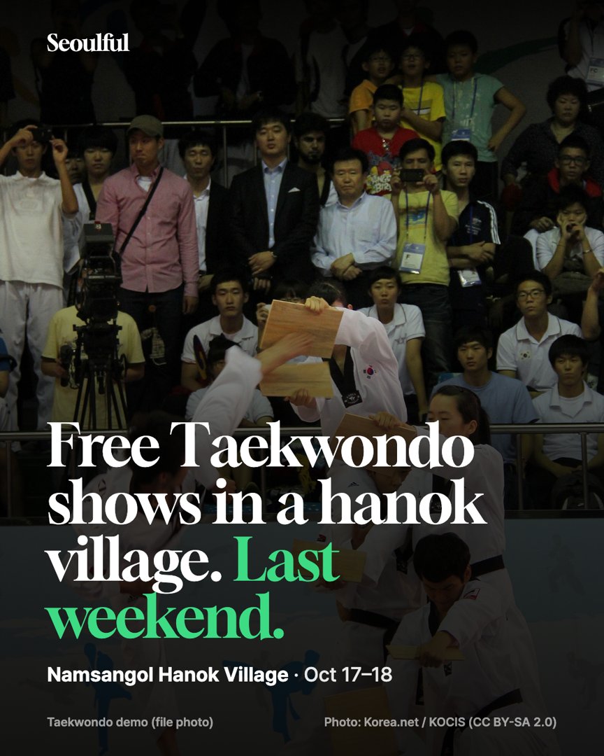 Free Taekwondo shows at Namsangol Hanok Village. Seoul's free weekend Taekwondo shows end their 2026 season on Oct 18. Times, place and how to get there.
